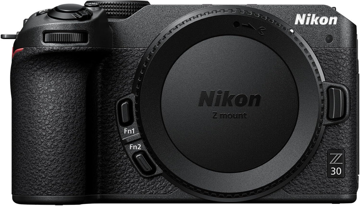 Nikon Z 30 front view, compact design ideal for handheld vlogging.