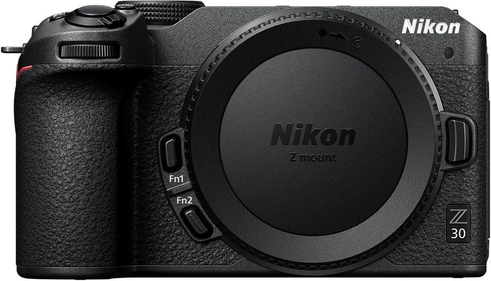 Nikon Z 30 front view, compact design ideal for handheld vlogging.