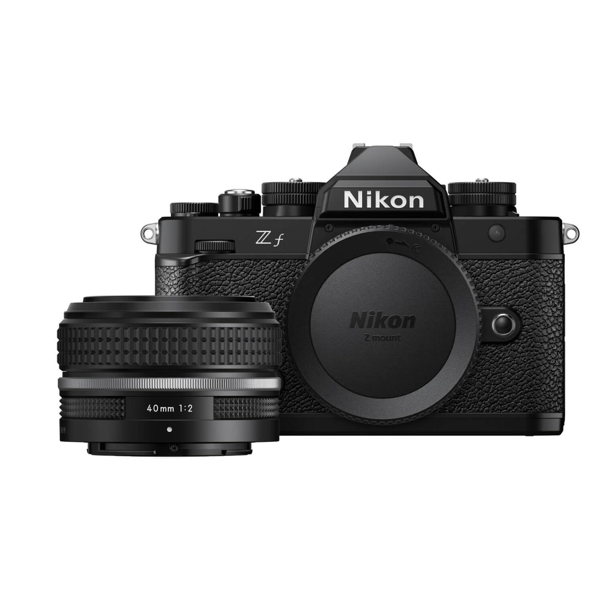 Nikon Z f front-angle view shows vintage-inspired design and ergonomic grip.