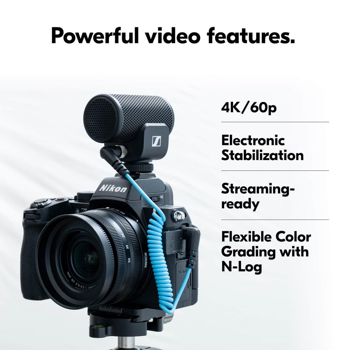 Nikon Z50 II vlogging setup with compact lens and mic.