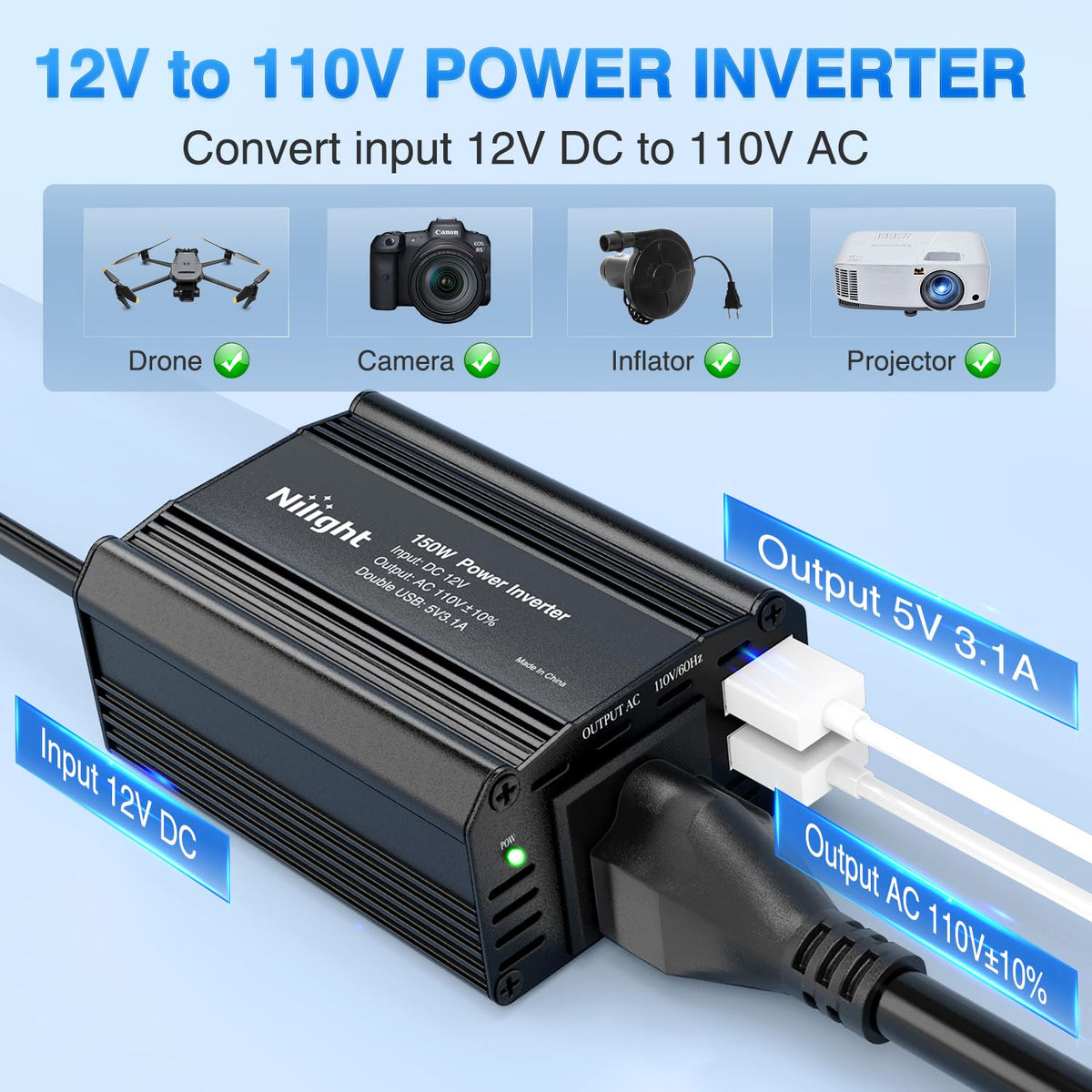 Nilight 150W inverter 110V AC outlet powers laptops and small gear