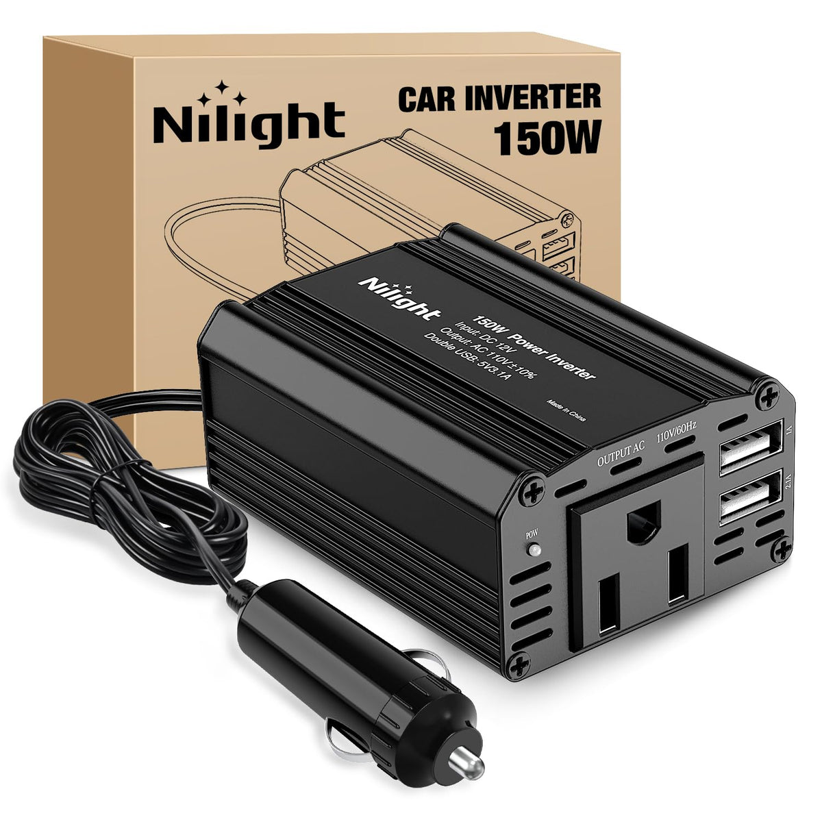 Nilight 150W inverter in-car cigarette lighter plug powering devices on the go