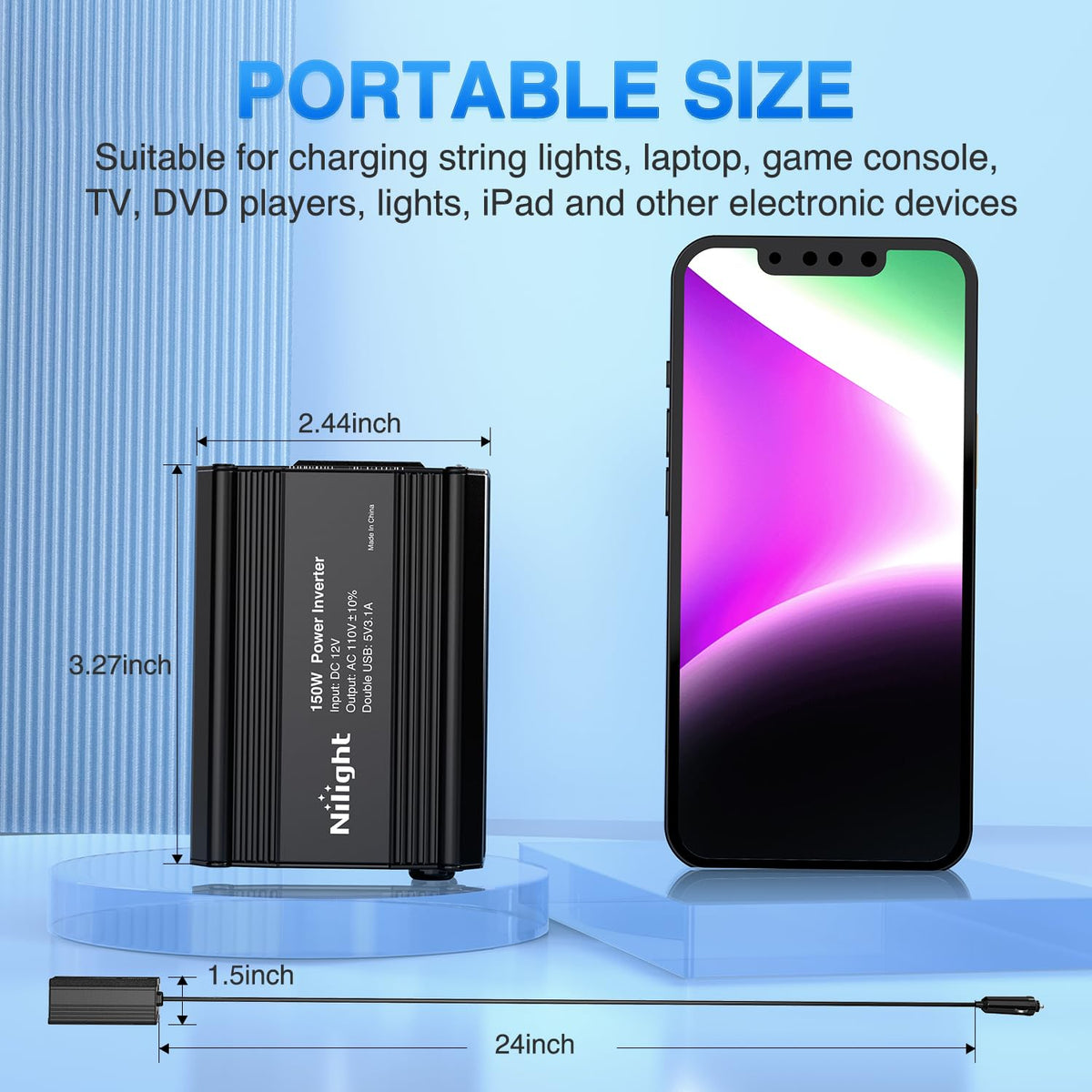 Nilight 150W inverter dual USB ports enable fast charging for devices