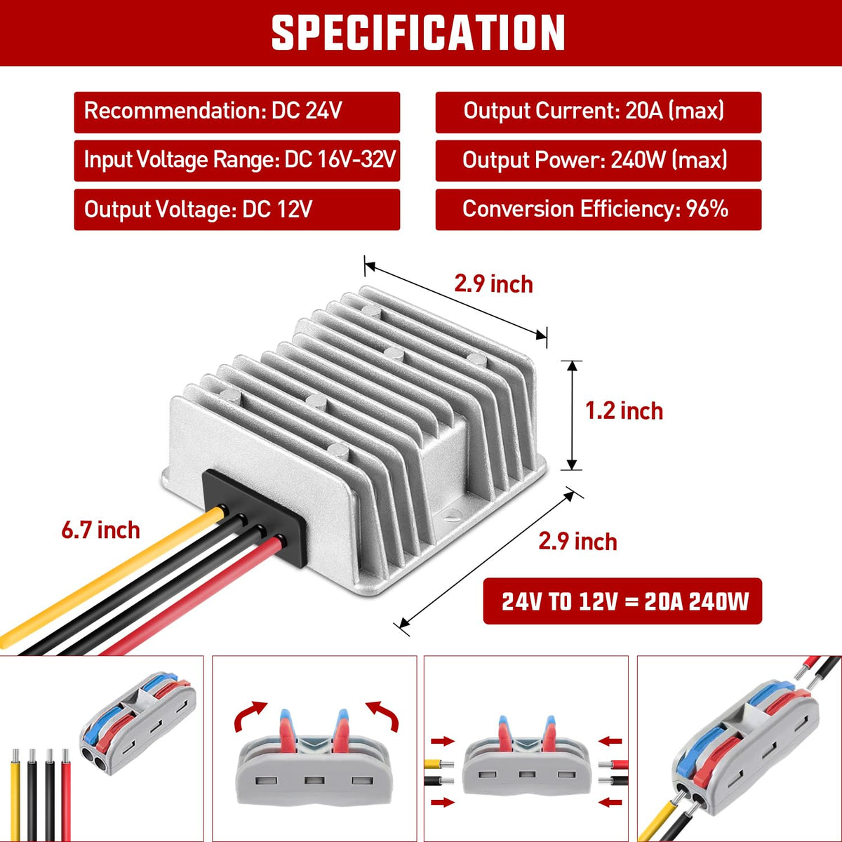 Nilight 24V to 12V converter side panel showcasing compact, durable profile.