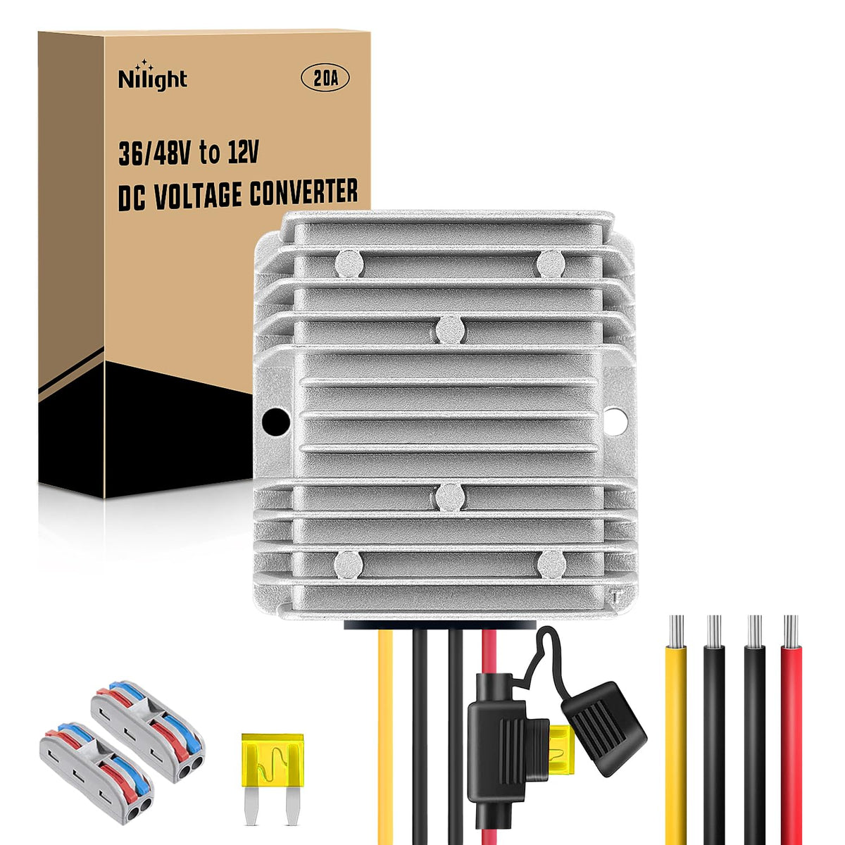 Nilight 48V-36V to 12V converter in rugged aluminum shell for golf carts