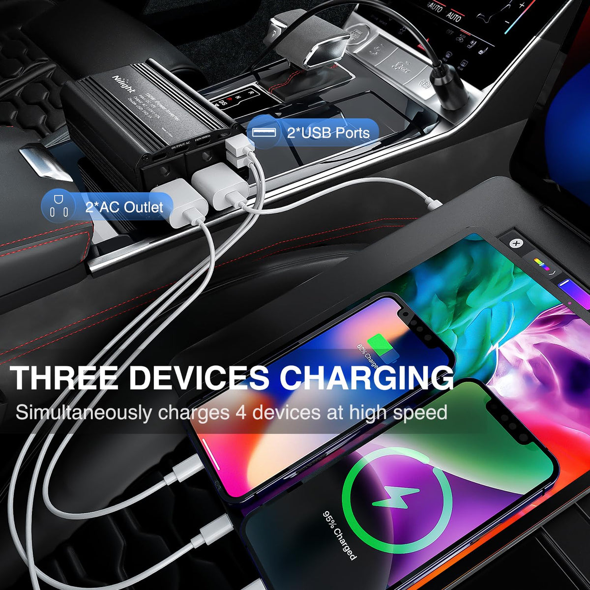Nilight AC outlets and dual USB ports detail showing convenient multi-device charging