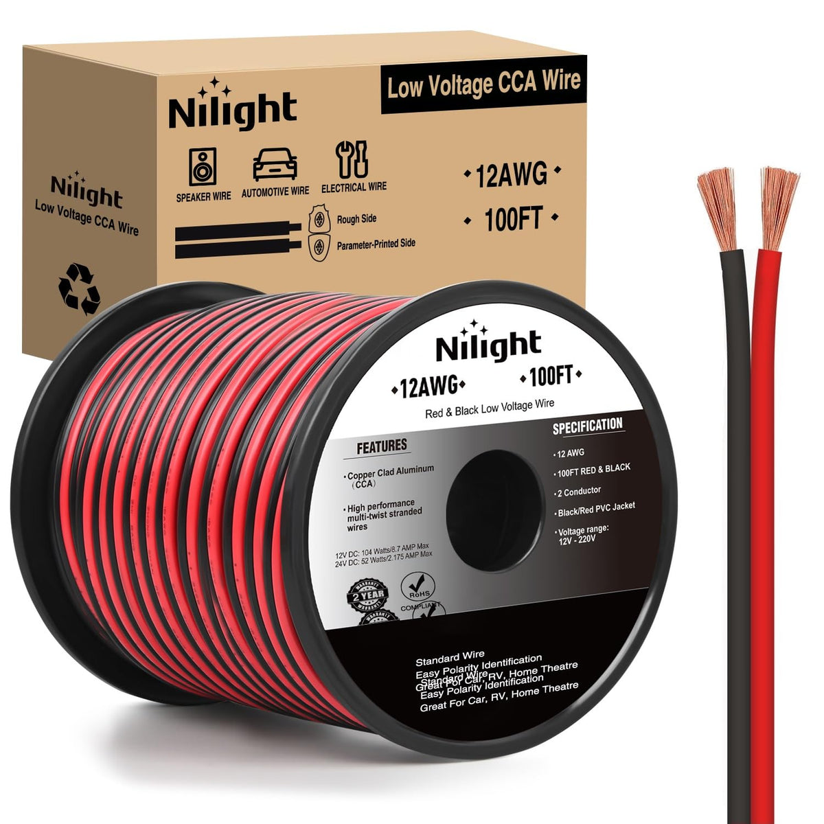 Nilight CCA wire in red and black on a 100ft spool for organized wiring.