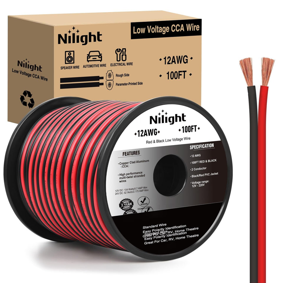 Nilight CCA wire in red and black on a 100ft spool for organized wiring.