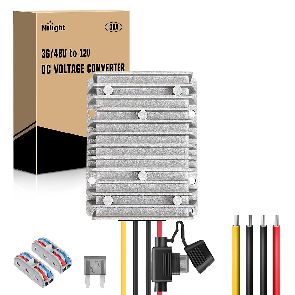 Nilight converter front view showing compact aluminum housing and cooling fins, reliable protection