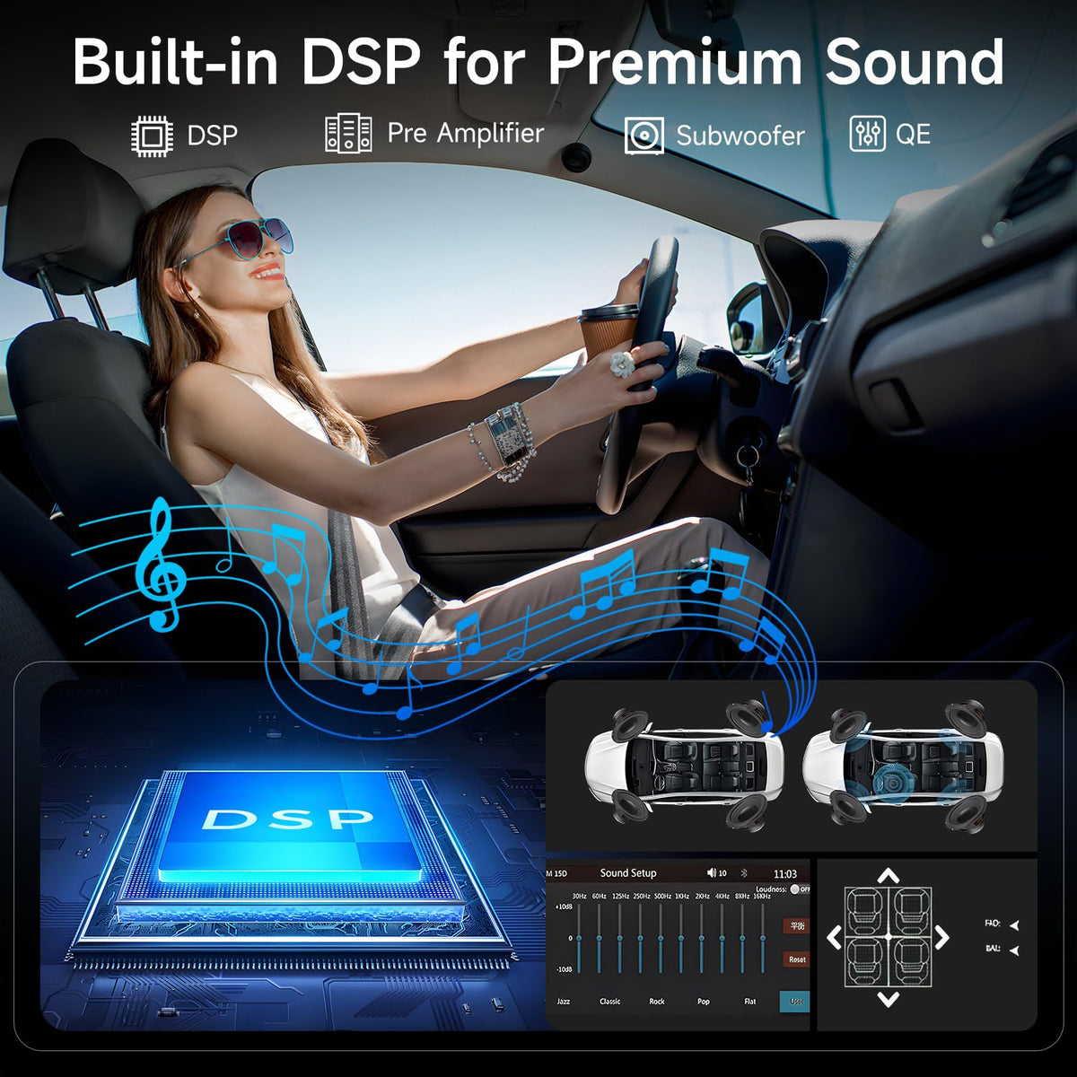NINEYIN DSP with subwoofer output for tailored cabin sound and depth.