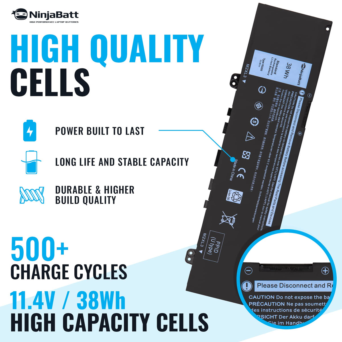 NinjaBatt F62G0 battery packaging for safe, reliable Dell Inspiron 13-7000 upgrade