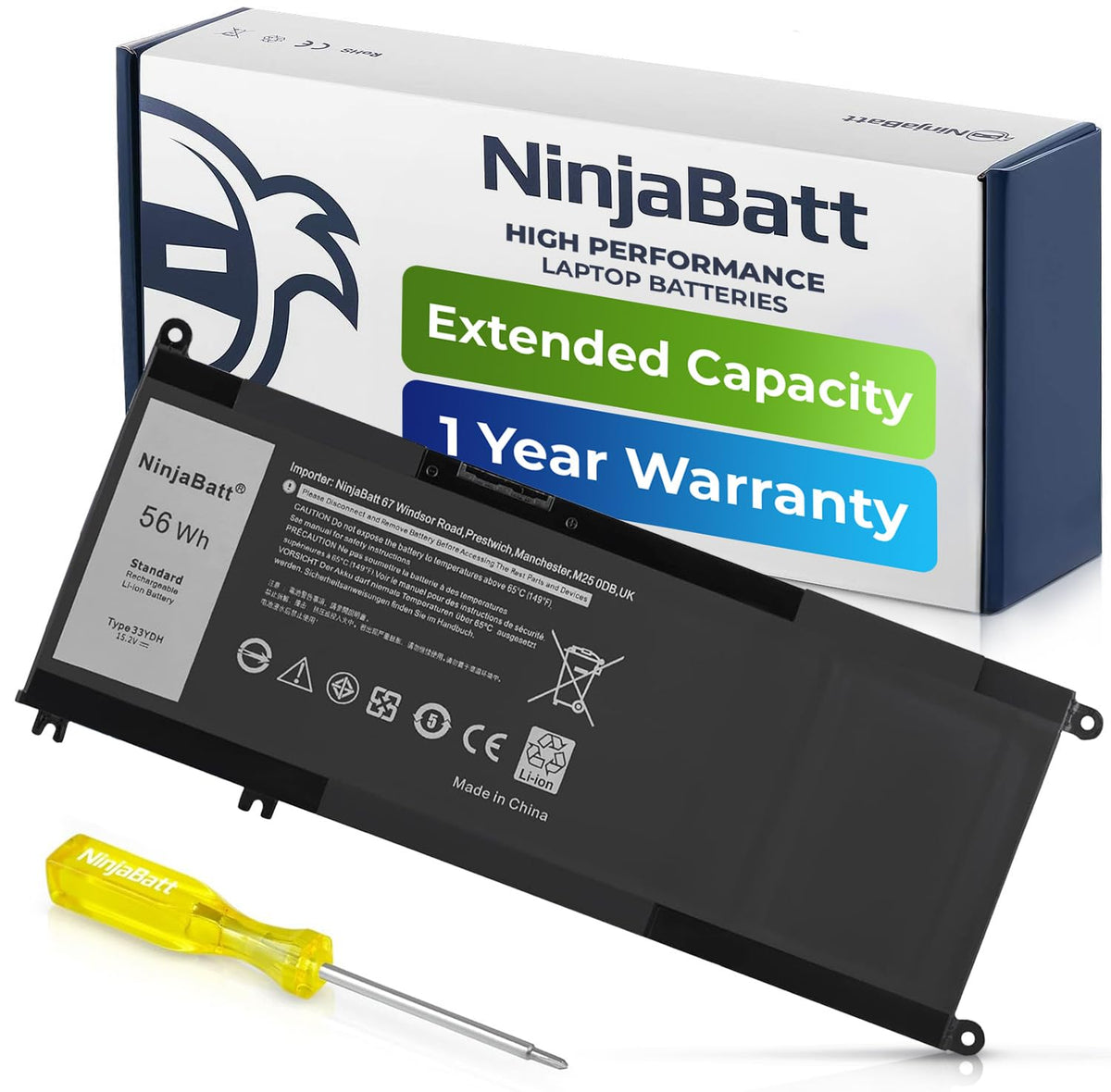 NinjaBatt front packaging showing compatible Dell models and benefit of reliable power