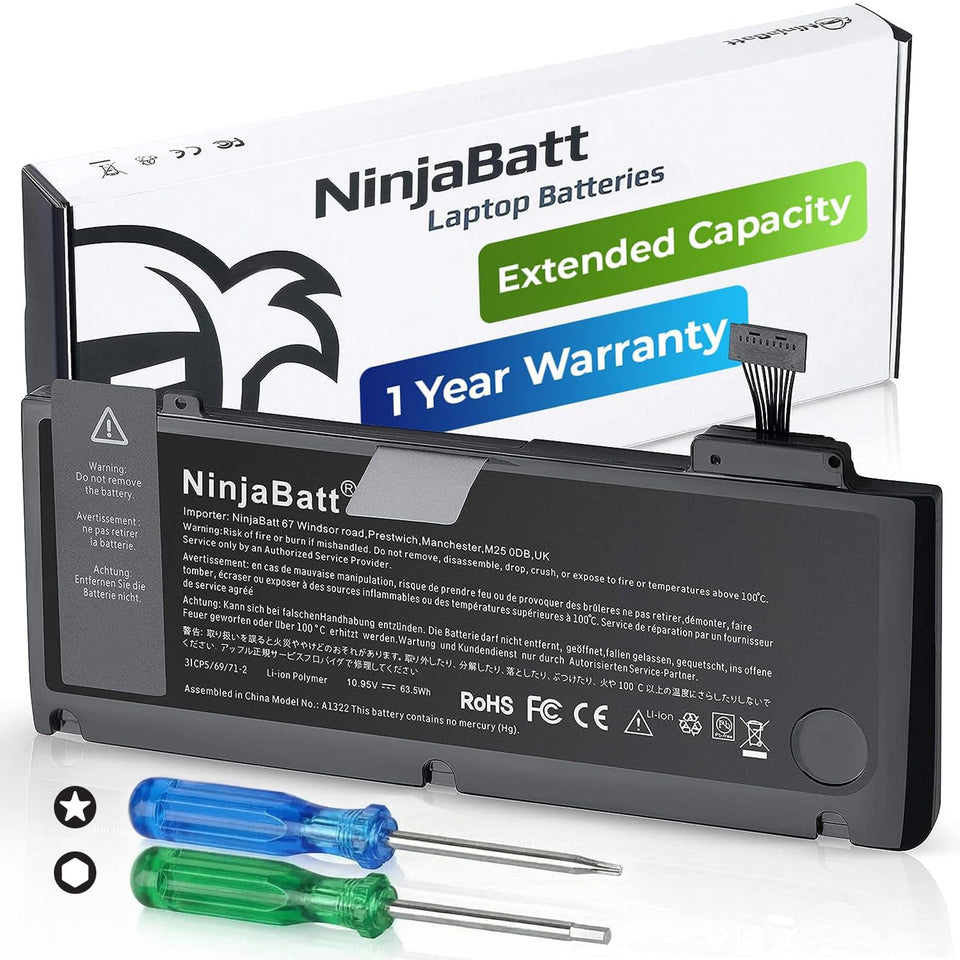 NinjaBatt front packaging for MacBook Pro battery showing model and capacity benefit