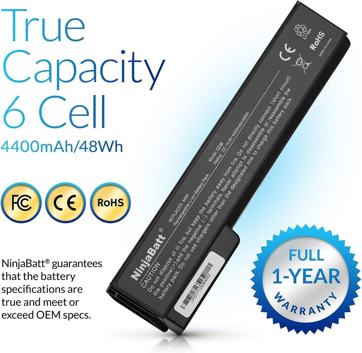 NinjaBatt HP battery 48wh specs card indicates true capacity and OEM-aligned performance.