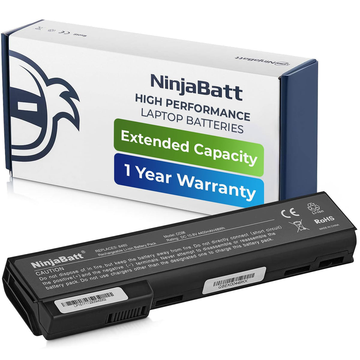 NinjaBatt HP battery 8460p front view shows compact, power-ready design for HP notebooks.