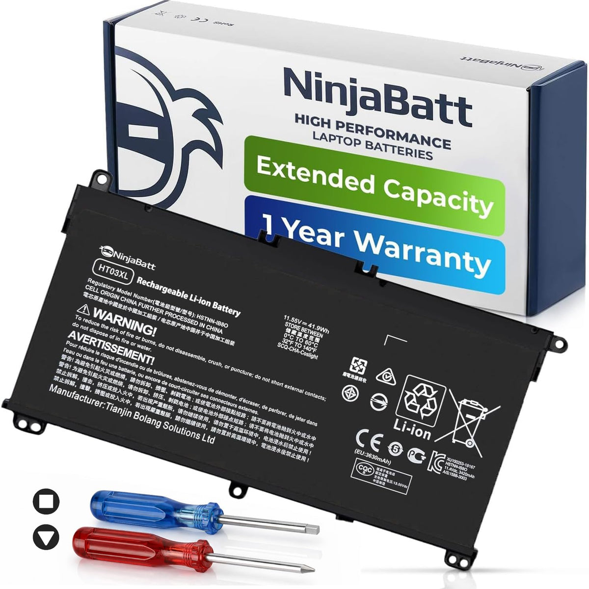 NinjaBatt HT03XL front packaging showing product and benefit of reliable replacement