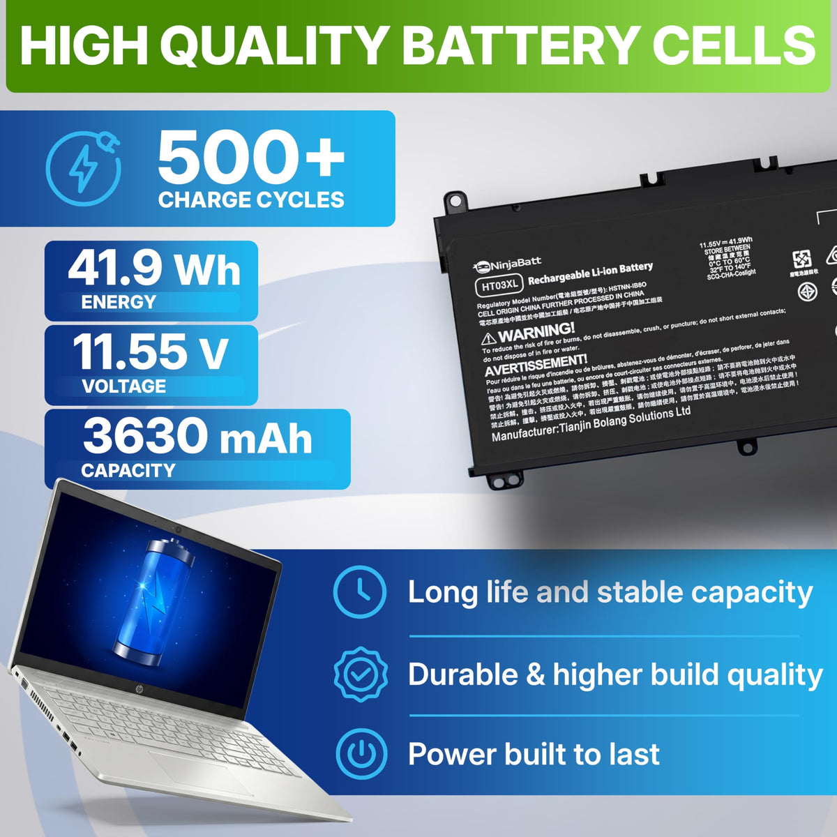 NinjaBatt HT03XL installed in laptop showing restored battery life benefit