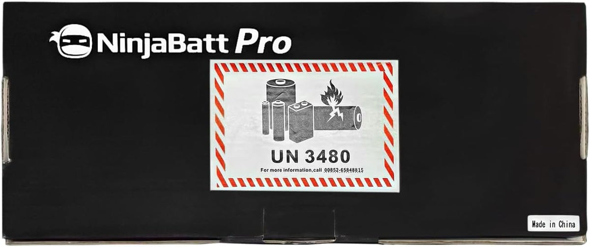 NinjaBatt HT03XL safety certification sticker showing built-in protection benefit