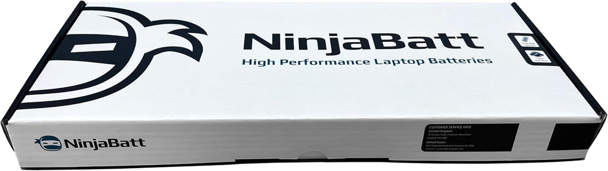 NinjaBatt HT03XL warranty card and box showing included 12-month warranty benefit