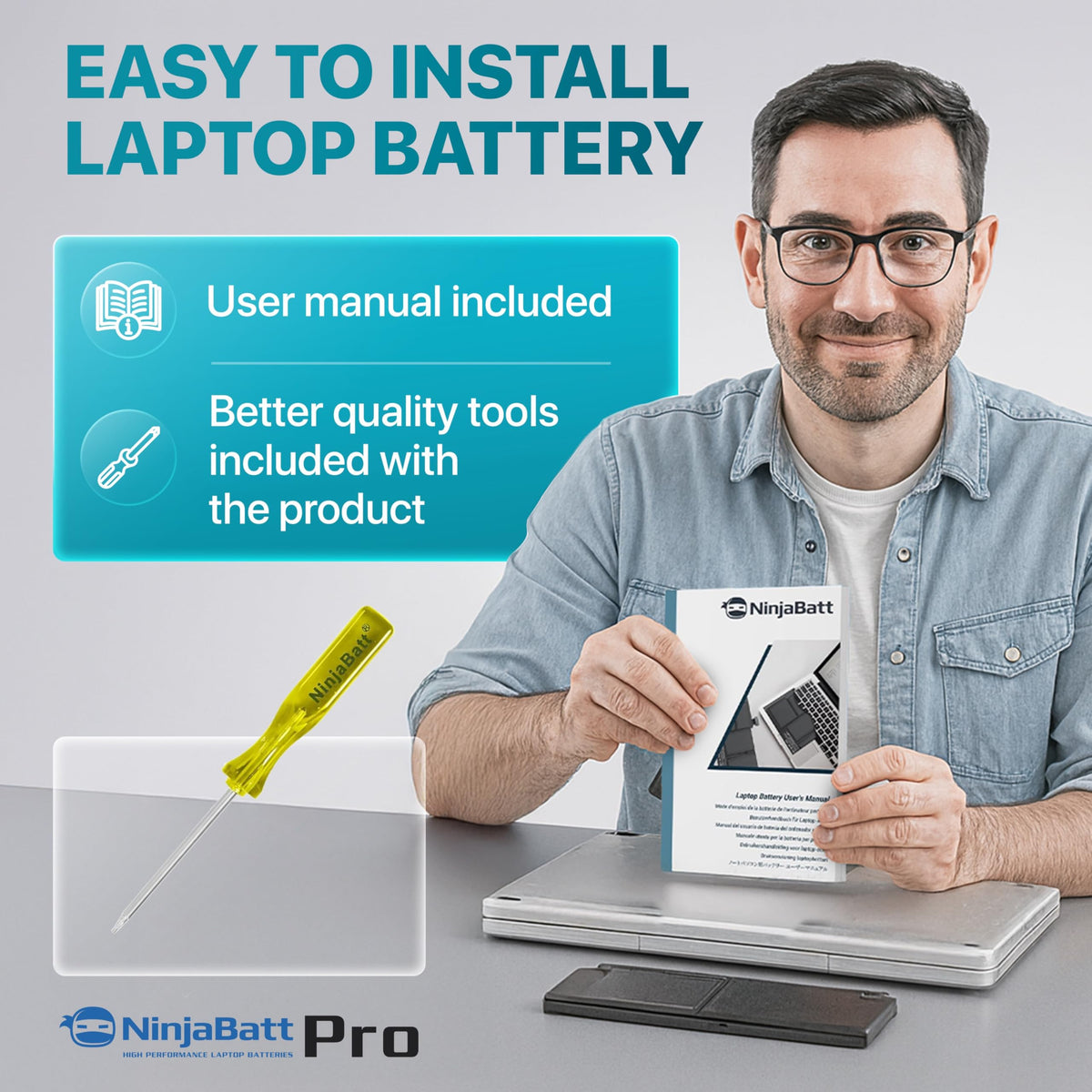 NinjaBatt in a travel workstation scene highlighting longer battery life for mobile productivity