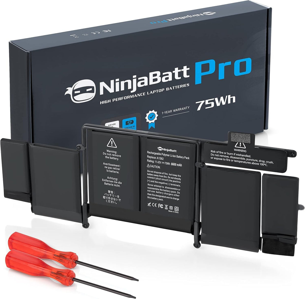 NinjaBatt lifestyle shot of MacBook Pro charging on a desk, showing longer run-time and productivity