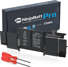 NinjaBatt lifestyle shot of MacBook Pro charging on a desk, showing longer run-time and productivity