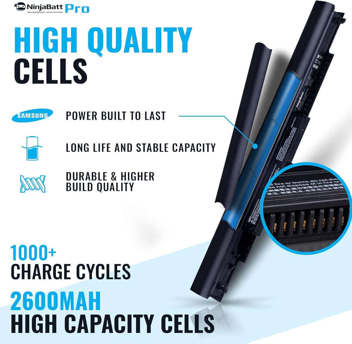 NinjaBatt Pro battery HP back label displays branding and certifications.