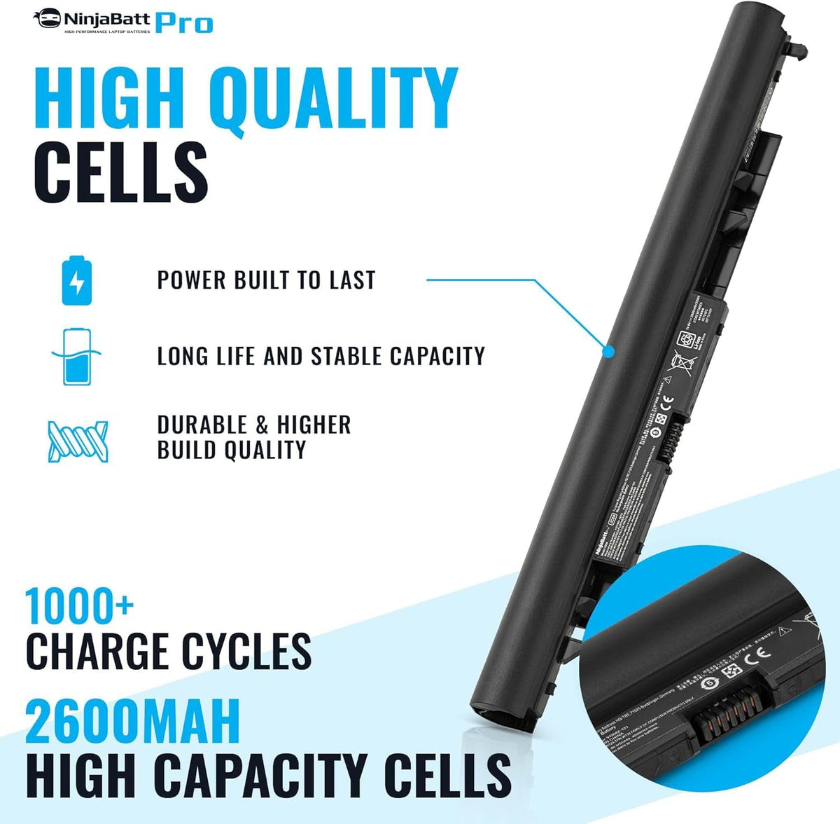 NinjaBatt Pro cell assembly closeup showing premium cells for longer life