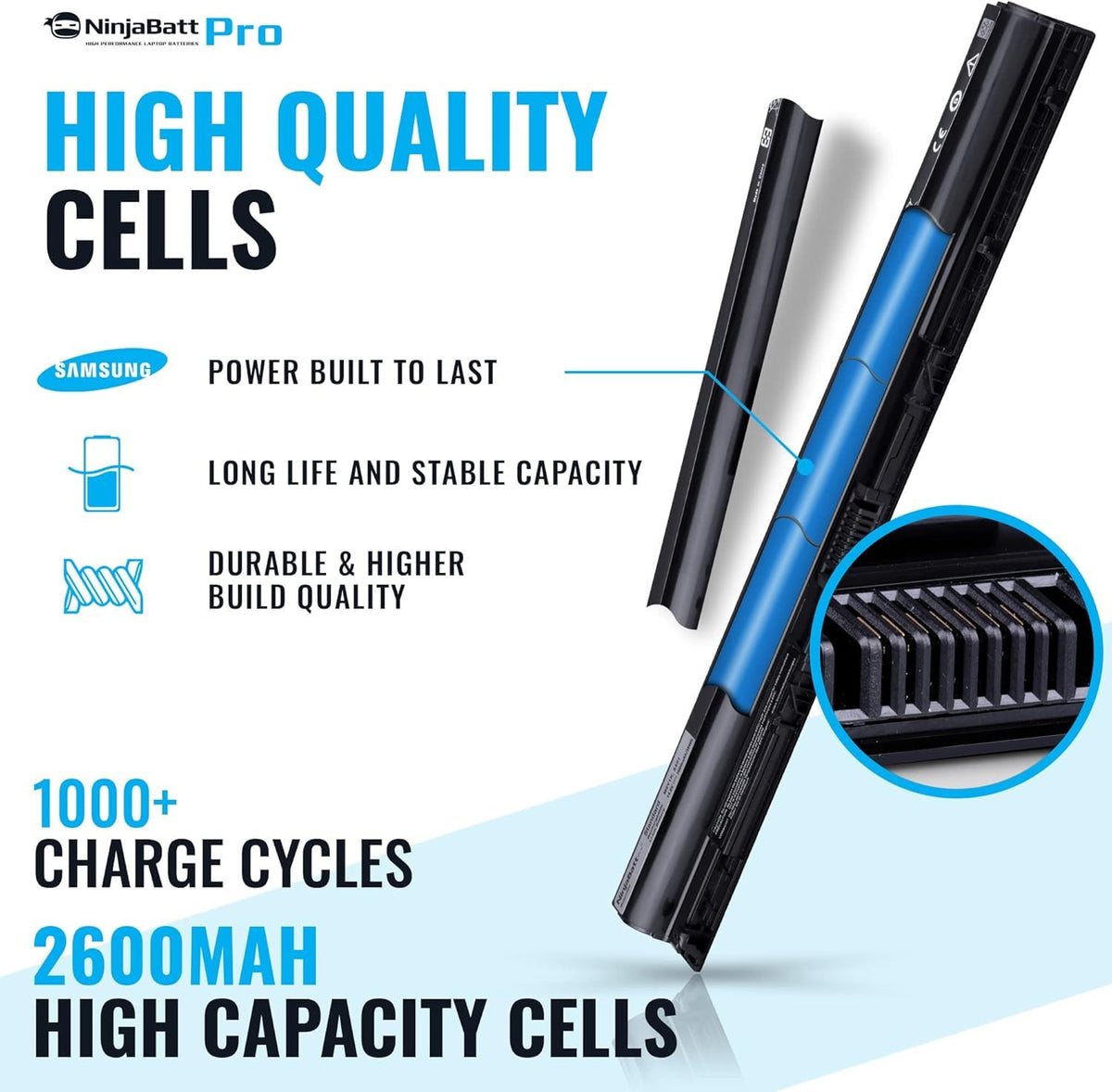 NinjaBatt Pro battery connector close-up, highlighting secure fit and contact reliability