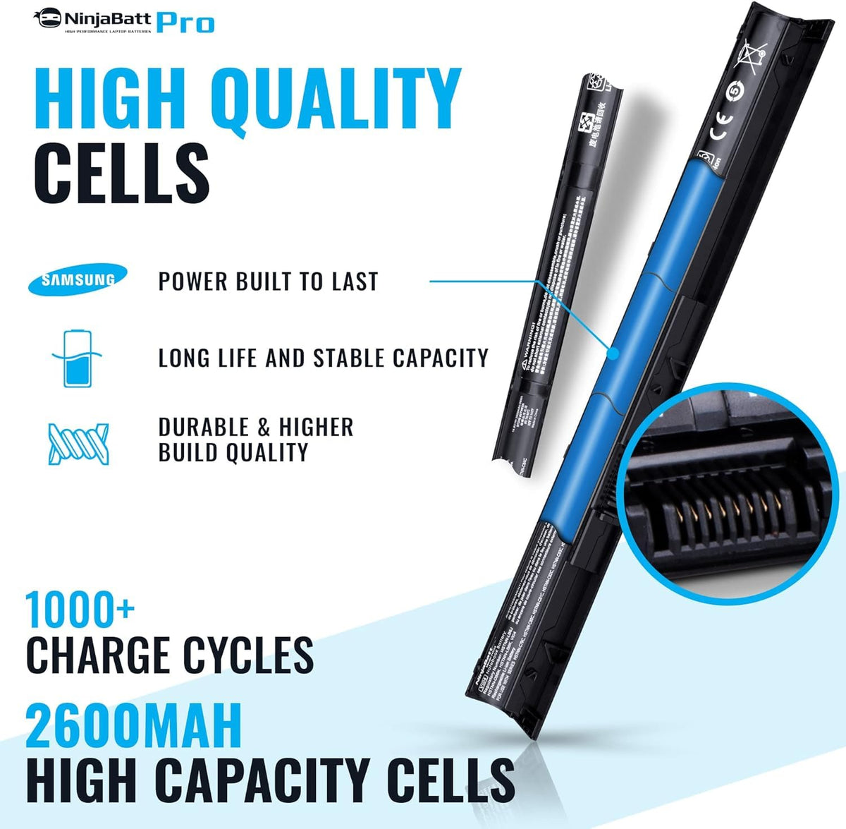 NinjaBatt Pro label and specs view showing model numbers and voltage clarity