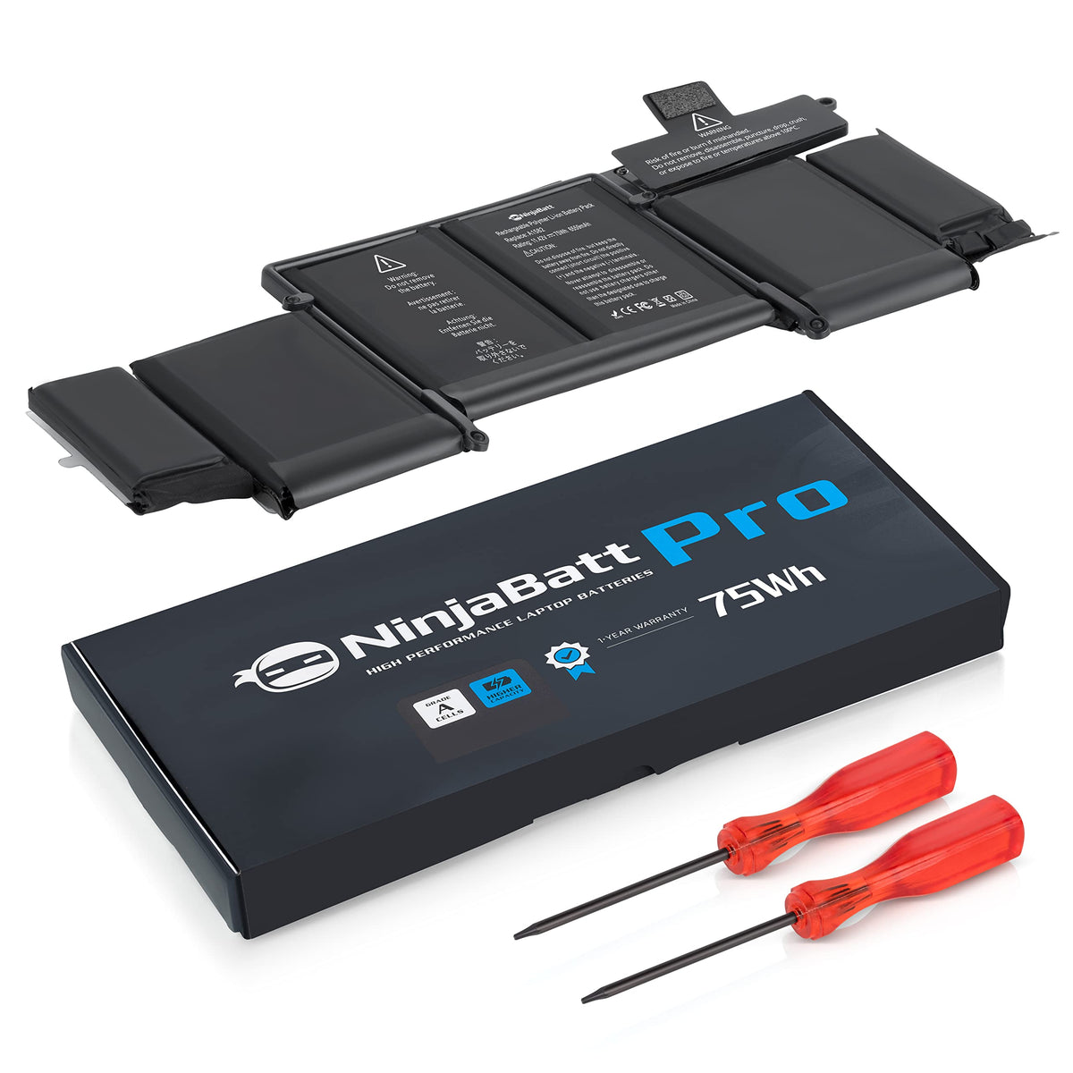 NinjaBatt battery next to ruler and hands for scale, helping verify correct size before purchase