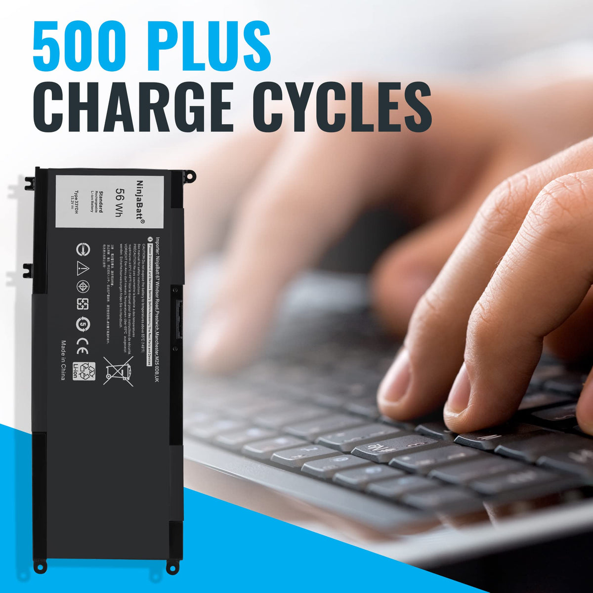 NinjaBatt next to a Dell charger showing compact size and portability benefit