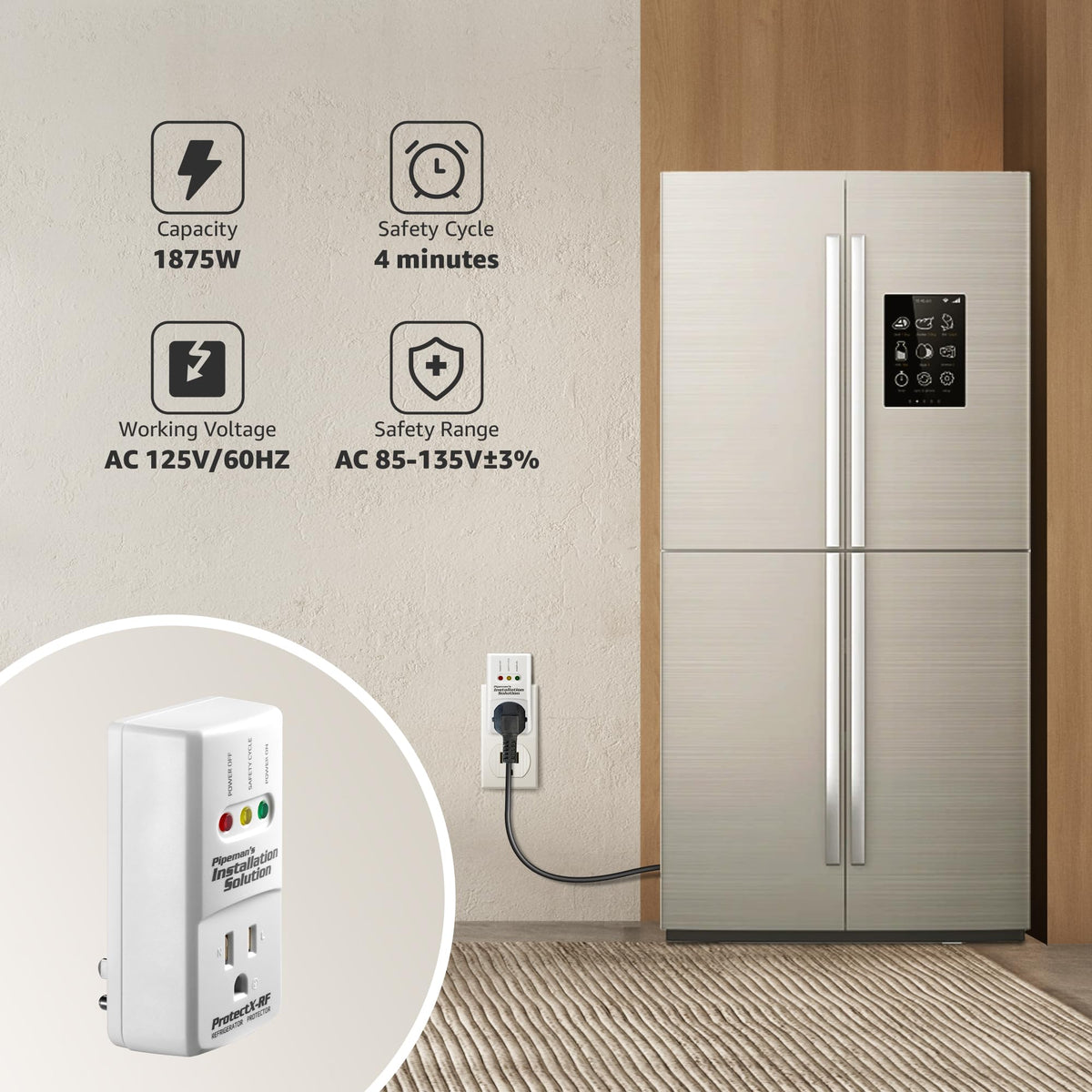 Nippon America brownout surge protector protecting a refrigerator from voltage spikes.