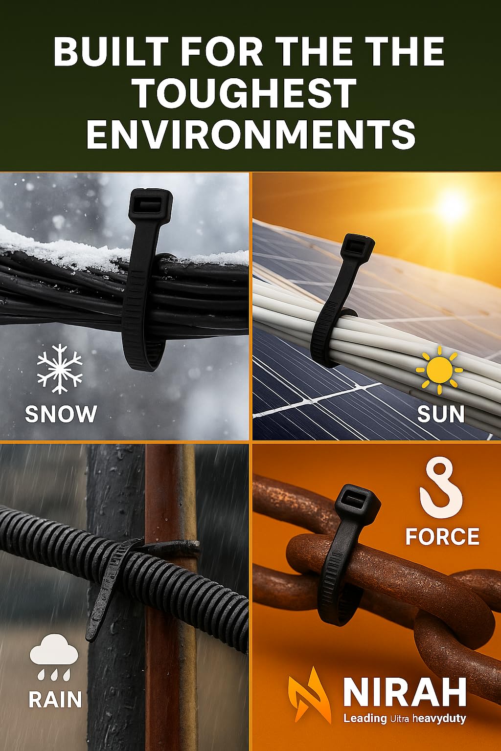 Nirah UV-resistant zip ties suited for outdoor exposure.