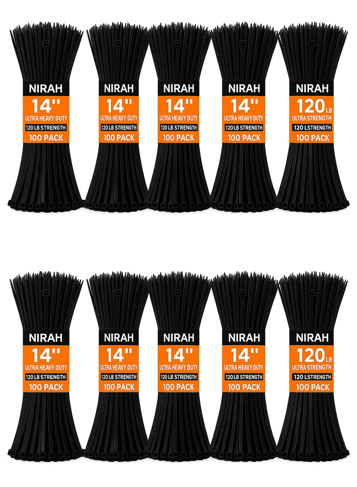 Nirah 14-inch UV black zip ties with 120lb strength for reliable cable management.