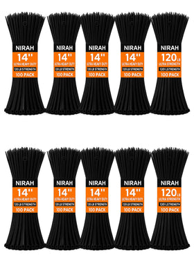 Nirah 14-inch UV black zip ties with 120lb strength for reliable cable management.