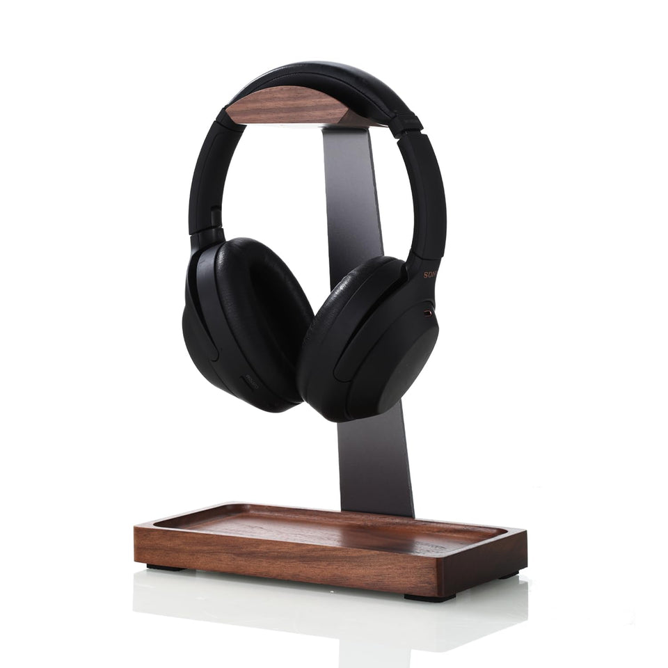 NIRVASH walnut headphone stand with base storage keeps desk organized