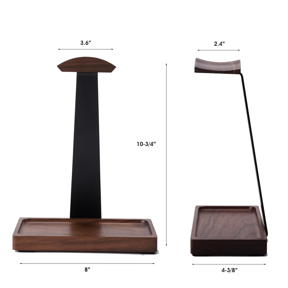 NIRVASH walnut headphone stand demonstrates desk compatibility with diverse setups.