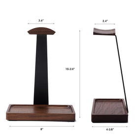 NIRVASH walnut headphone stand demonstrates desk compatibility with diverse setups.