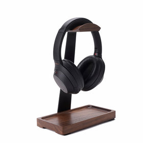 NIRVASH walnut headphone stand main angle showcases natural grain for premium desk setup.