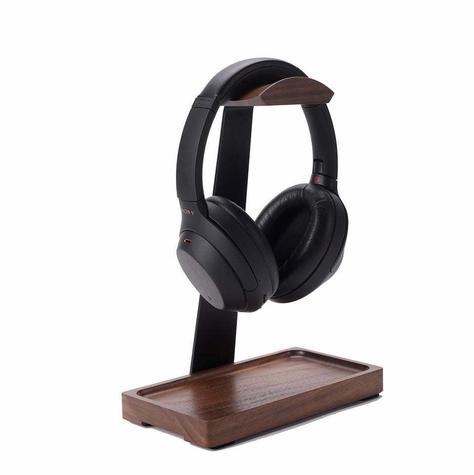 NIRVASH walnut headphone stand main angle showcases natural grain for premium desk setup.
