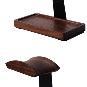 NIRVASH walnut headphone stand shows two assembly modes for flexible desk layouts.