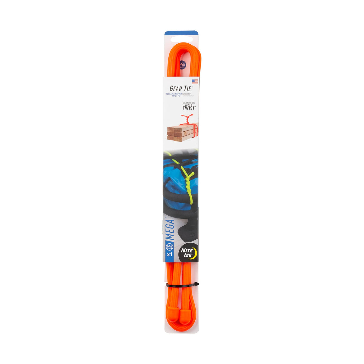 Nite Ize front packaging shows bright orange 64-inch tie and benefits