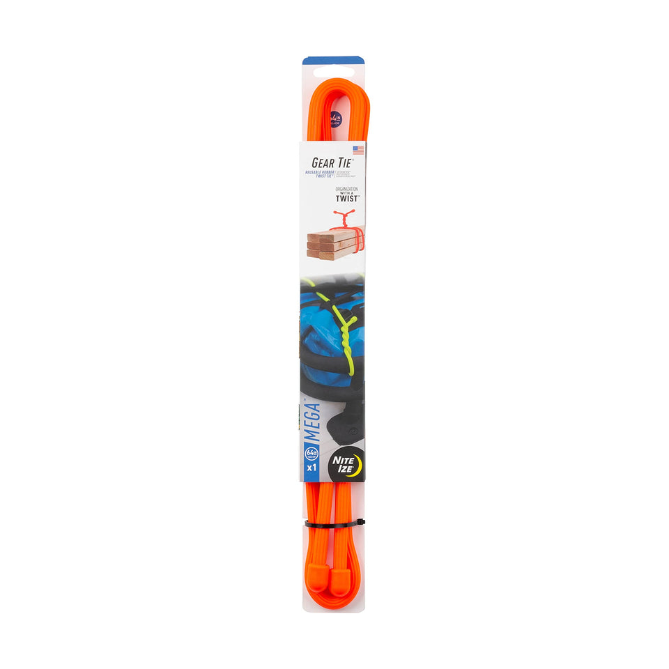 Nite Ize front packaging shows bright orange 64-inch tie and benefits