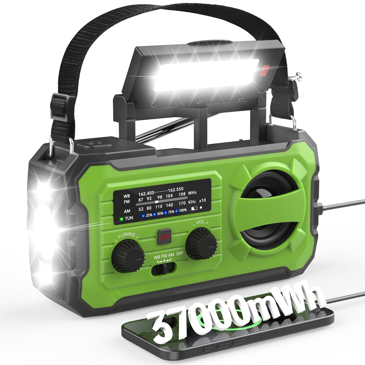 Nitigo front view showing radio face and buttons, reliable emergency info