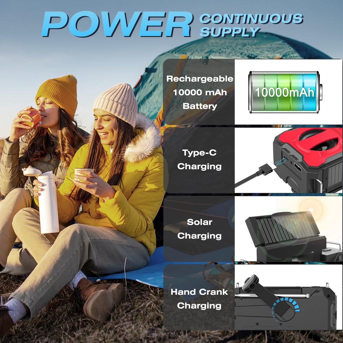 Nitigo hand crank detail illustrating manual power generation for emergency readiness benefit