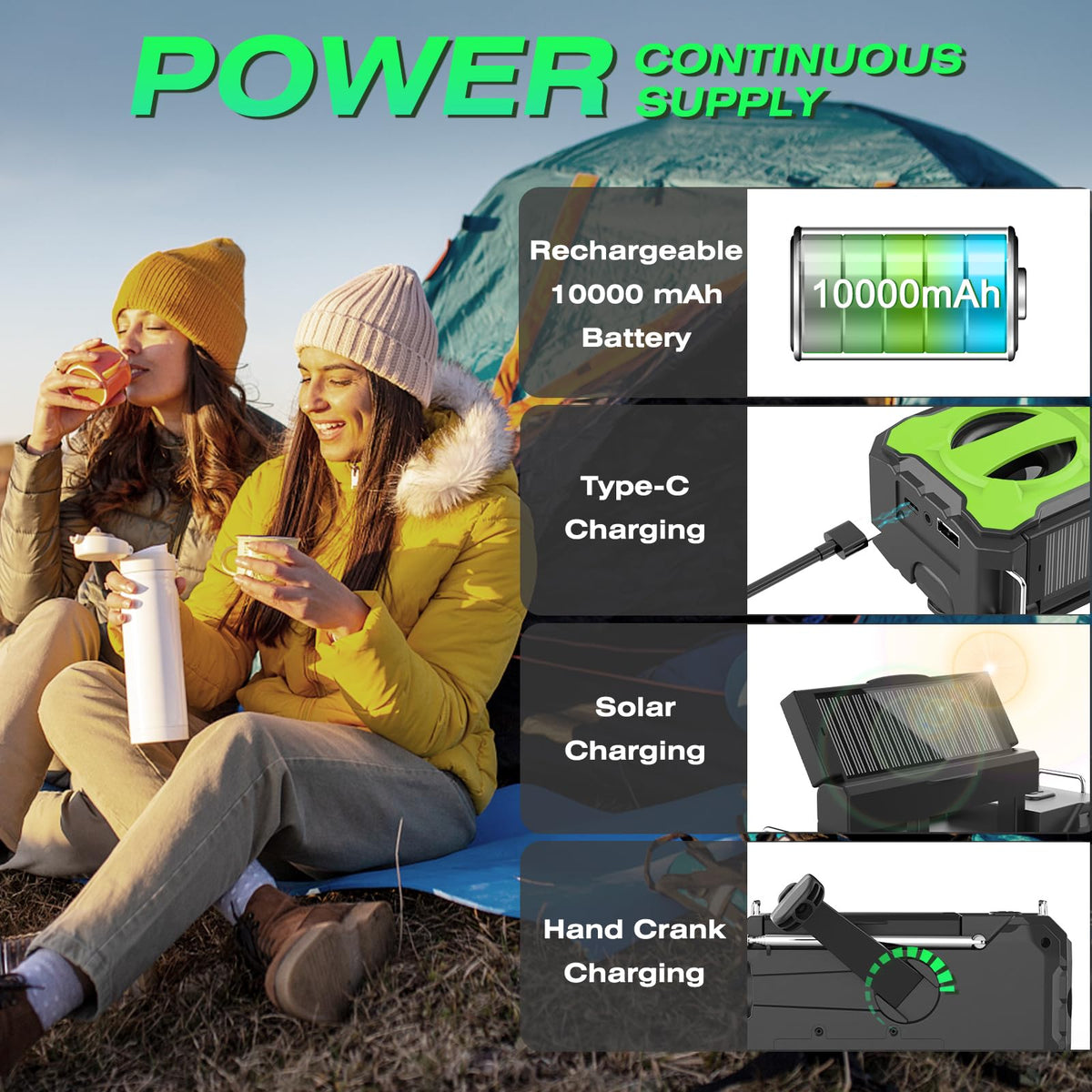 Nitigo charging a phone via USB, emergency device power available