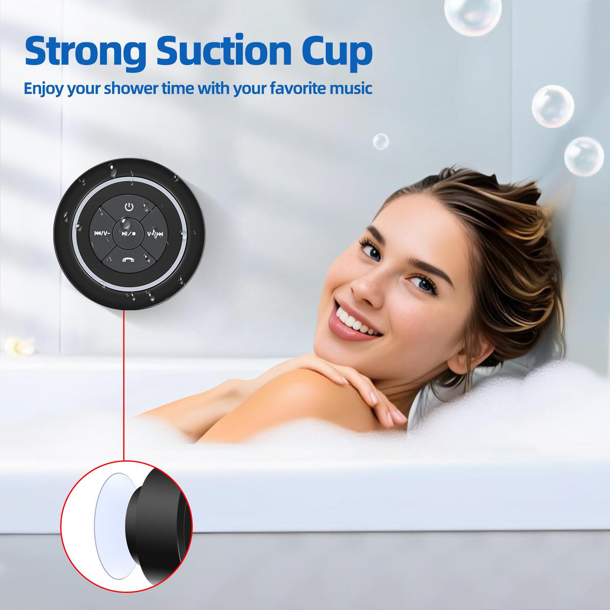 NITMTYOU speaker suction-mounted on shower tile, secure attachment for hands-free listening
