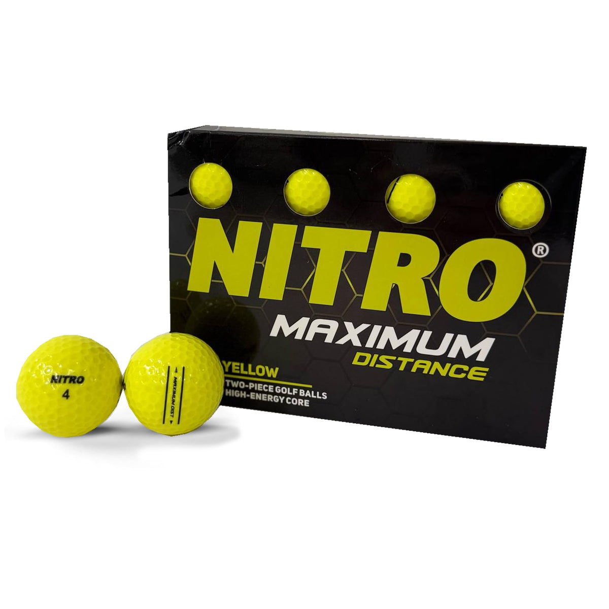 Nitro long distance golf balls 12-pack in yellow offer distance and spin control.