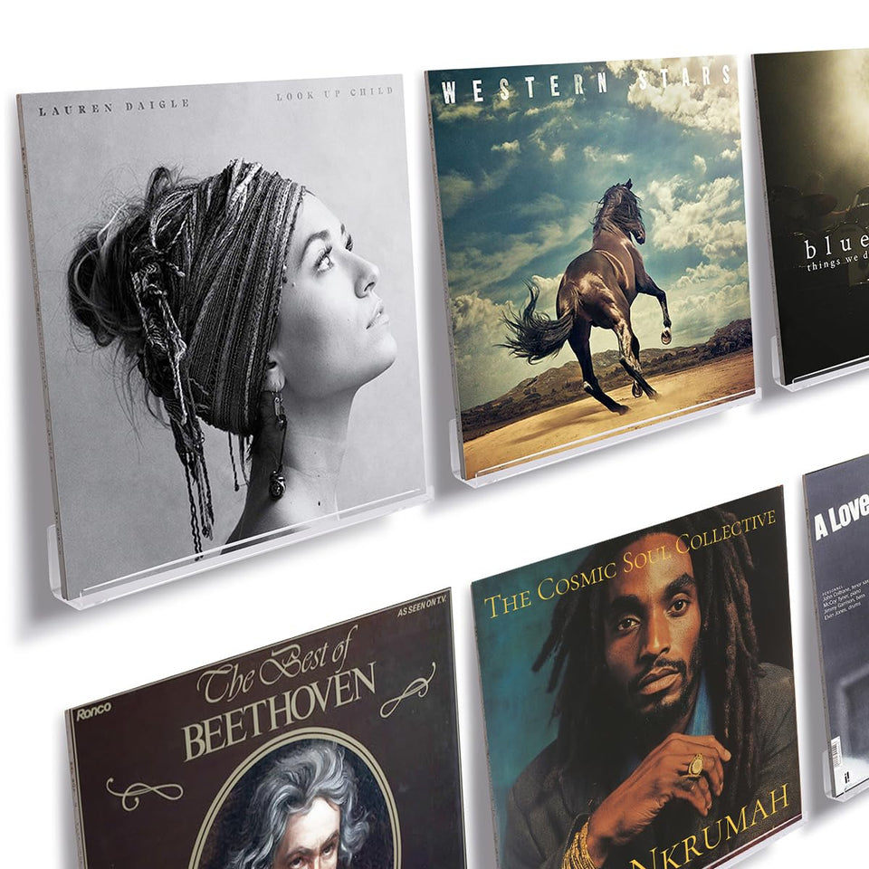 NIUBEE clear vinyl record shelf wall mount showing records without covering artwork.
